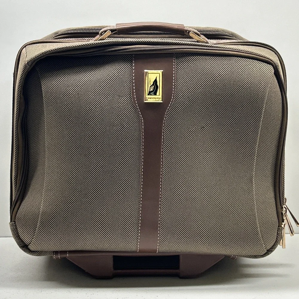 London Fog Rolling Carry On Suitcase Laptop Bag Brown Tweed Spinner Luggage